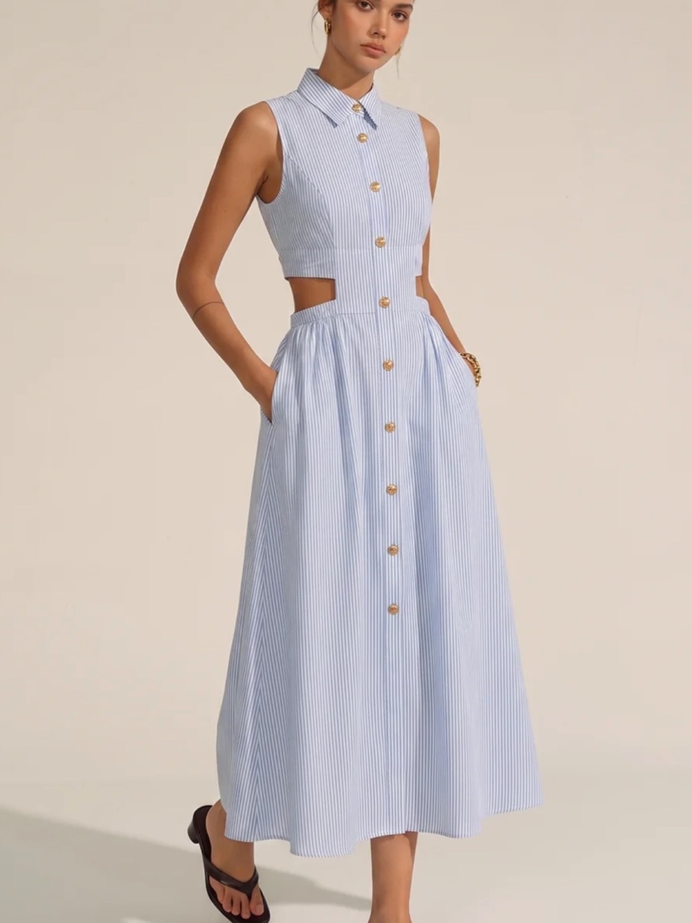Commense Sleeveless Cutout Striped Midi Shirt Dress